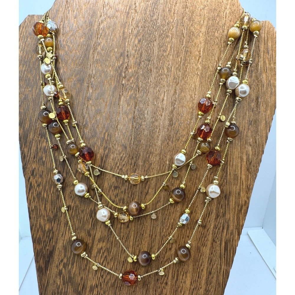 Gold Tone Multi Strand Earth Tone Beaded Statement Necklace Brown Amber Cream